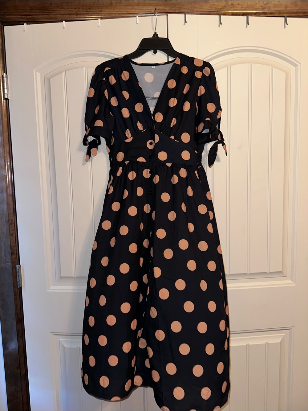 Polka Dot Tie-Sleeve V-Neck Midi Dress - Black with Brown Dots - Picture 2 of 6